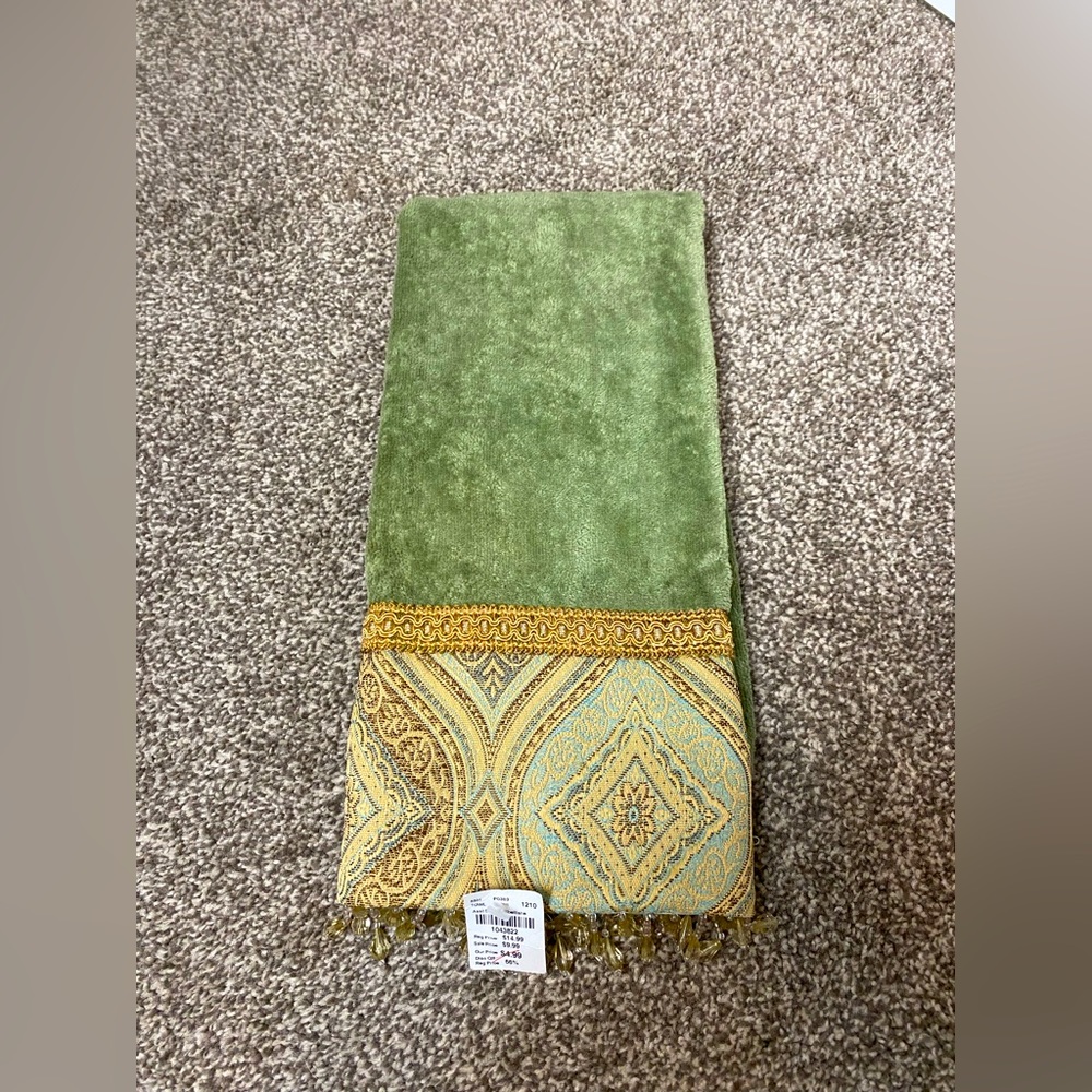 Sherry Kline Cotton Sage Green Beaded Embellished Hand Towel NWT